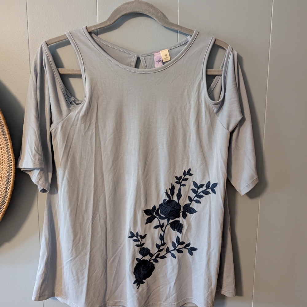 Blue Cold Shoulder Blouse with Navy Floral Design